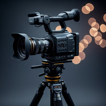 Modern professional video camera on tripod on dark background with bokehの素材