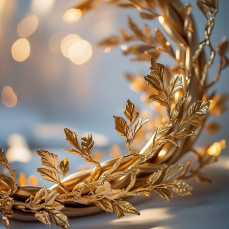 golden crown on white background with bokeh effect and copy spaceの素材