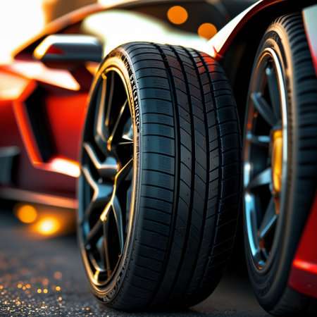 Close-up of car wheel on the road. 3d renderingの素材