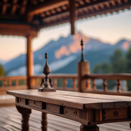 Wooden table and chair on terrace in front of mountains.の素材