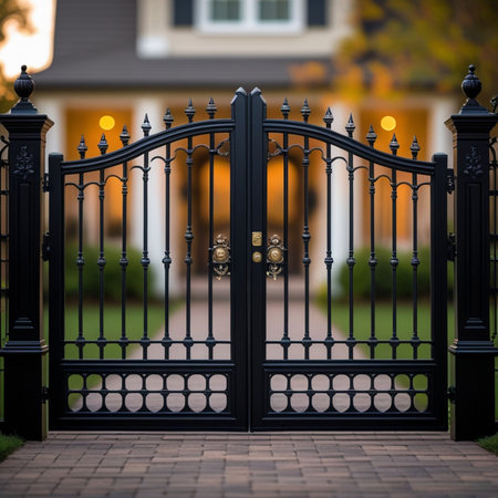 Beautiful black wrought iron gate in front of a house in the eveningの素材