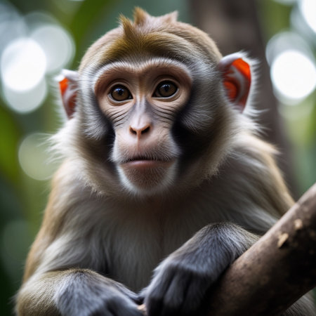 Portrait of a monkey sitting on a tree in the rainforestの素材
