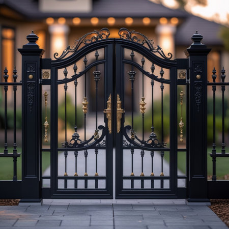 Black metal gate with black forged elements on the background of the houseの素材