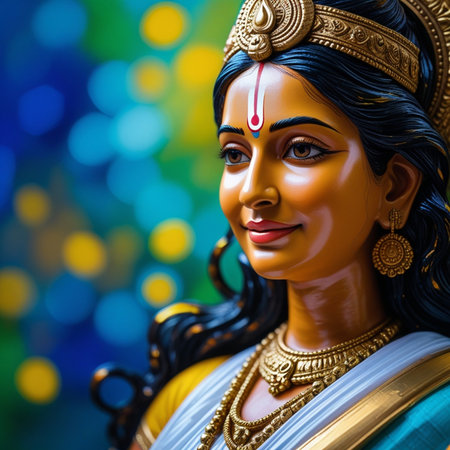 Indian God Ganesha statue with colorful bokeh background.の素材