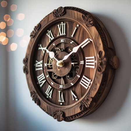 Vintage wooden clock on white wall with bokeh background.の素材