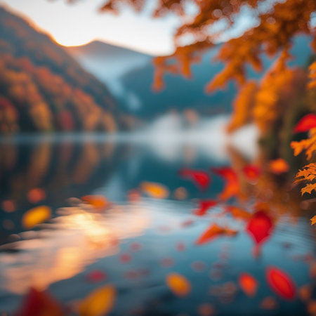 Autumn landscape with lake and colorful leaves. Selective focus.の素材