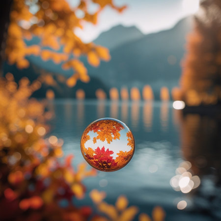 Reflection of autumn leaves in crystal ball on lake and mountains backgroundの素材