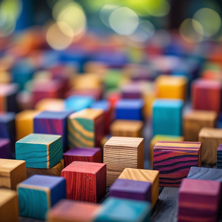 Colorful wooden blocks on a wooden background. Selective focus.の素材