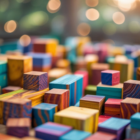 Wooden toy blocks on blurred background. Abstract bokeh.の素材