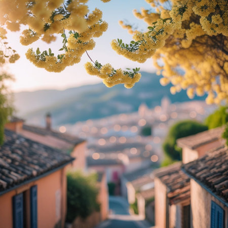 Flowering branch of mimosa on the background of the city.の素材