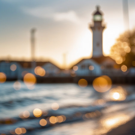 Blurred background of lighthouse at sunset. Beautiful bokeh.の素材
