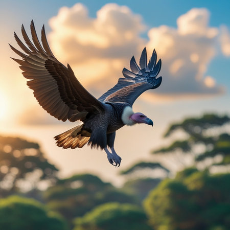 Griffon Vulture (Gyps fulvus) flying in the sunsetの素材