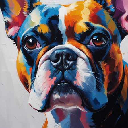 Portrait of a French Bulldog. Painting on canvas. Close-up.の素材