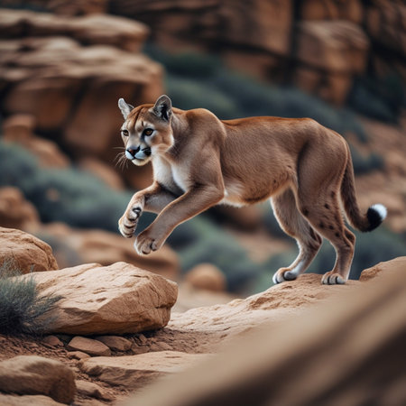 Puma, Puma concolor, walking on a rock in the desertの素材