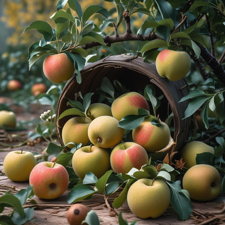 Ripe apples in a basket on a wooden table in the gardenの素材