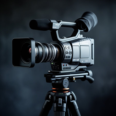 Professional video camera on tripod over dark background. Shallow depth of fieldの素材