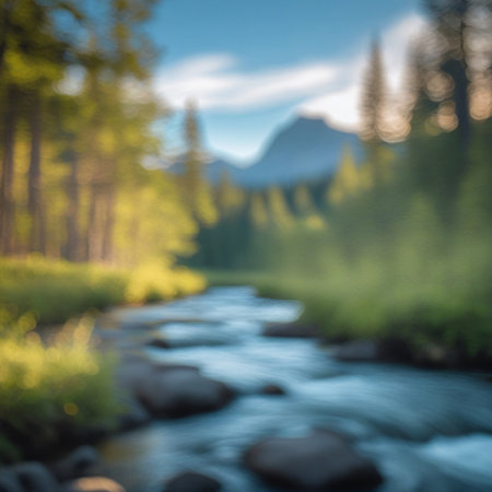 Mountain river in the forest. Blurred background, bokeh effect.の素材