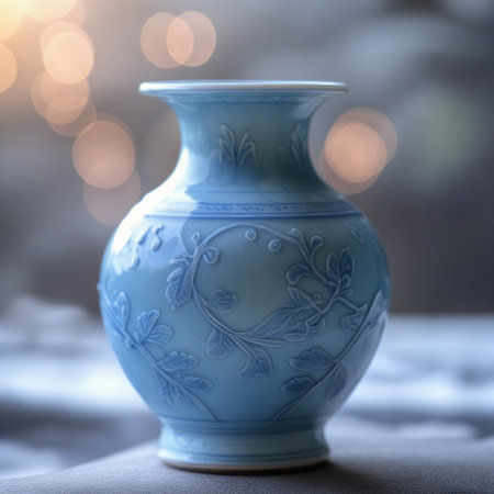 Blue ceramic vase with floral pattern on a background of blurred lightsの素材