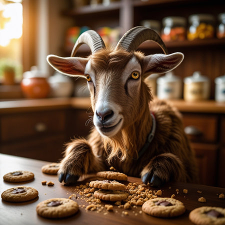 Goat with cookies on a wooden table in the kitchen at homeの素材