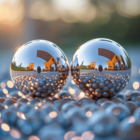 Beautiful glass balls with reflection of the village in the lake.の素材