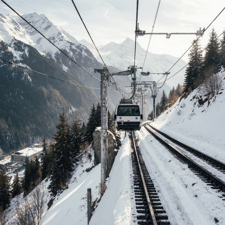 Cable car on the background of snow-capped mountains.の素材