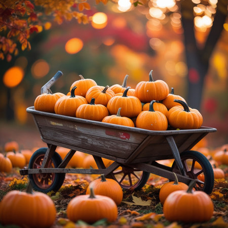 Pumpkins in a wooden cart on the background of the autumn forestの素材