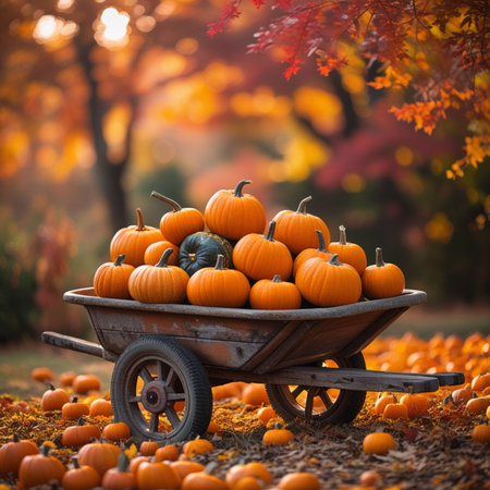 Harvested pumpkins in a wooden wheelbarrow in the autumn forest.の素材