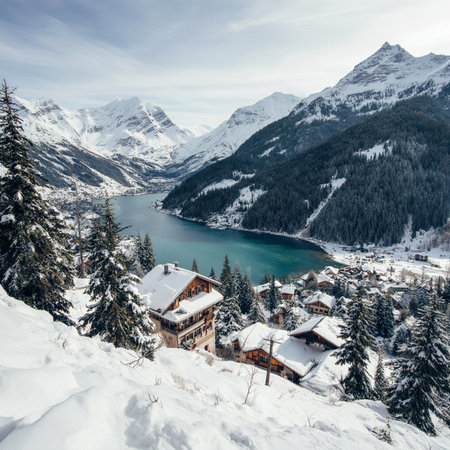 Beautiful winter alpine landscape with lake in Alps mountains. Switzerlandの素材