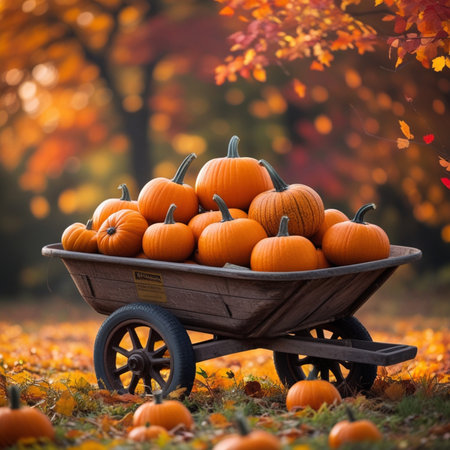 Harvested pumpkins in a wooden wheelbarrow on the background of the autumn forestの素材
