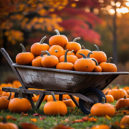 Harvested pumpkins in a wooden wheelbarrow. Autumn background.の素材