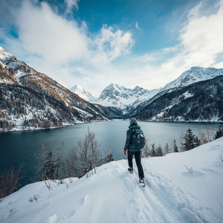 A man on the top of a mountain looking at a beautiful lake in winterの素材