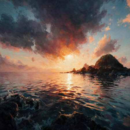 Beautiful seascape at sunset. Digital painting in oil.の素材