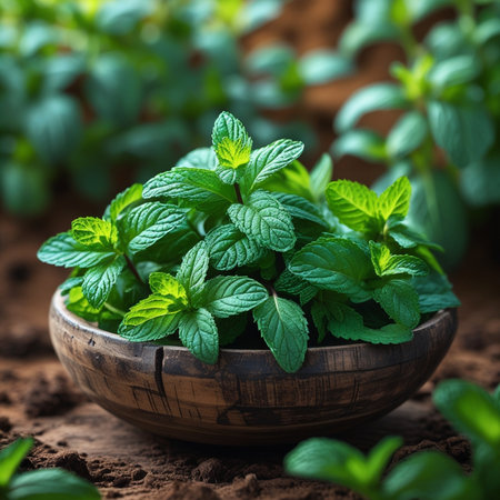 Fresh mint leaves in wooden bowl on ground background. Selective focus.の素材
