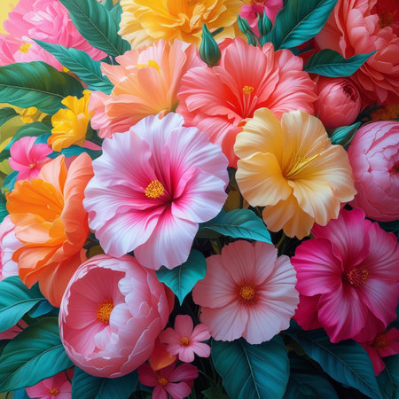 Flower background with pink and yellow hibiscus flowers.の素材