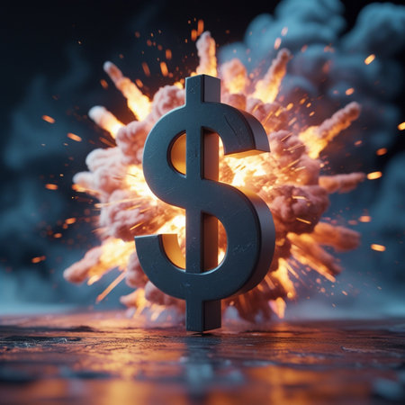 Dollar sign with fire explosion on dark background. 3D renderingの素材