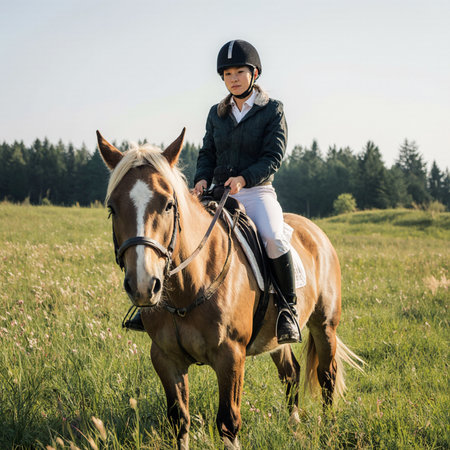 Young beautiful girl riding a horse in the field. Equestrian sport.の素材