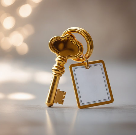 Key with a heart shaped keychain on a background bokehの素材