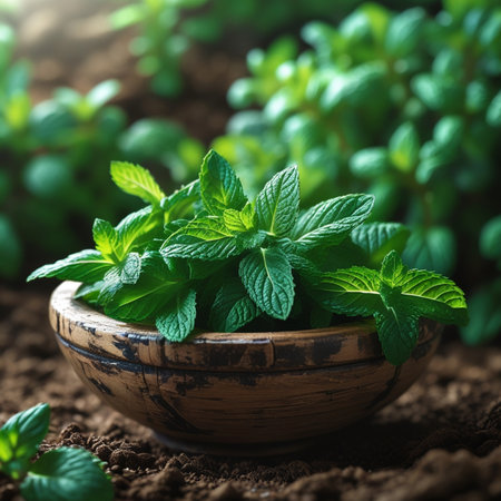 Fresh mint leaves in wooden bowl on soil background, selective focus.の素材