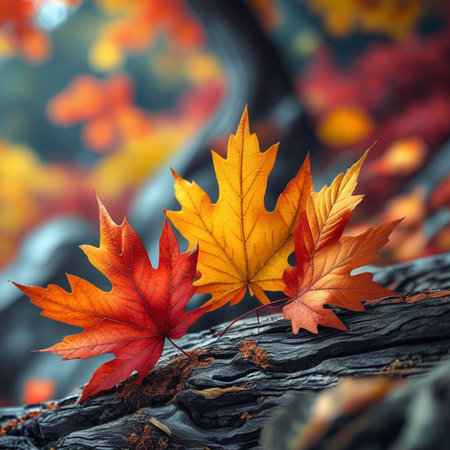 Autumn maple leaves on a tree in the forest. Autumn backgroundの素材