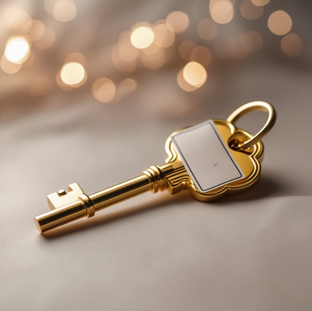 Golden key with blank label on bokeh background, closeupの素材