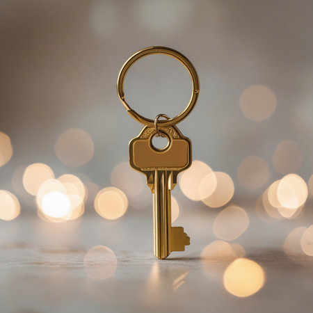 Golden key with bokeh light background, closeup. Security conceptの素材