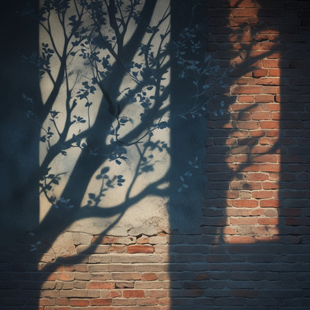 Shadow of tree on brick wall with sunlight from window. Nature background.の素材