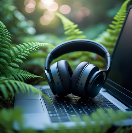 Headphones and laptop on green nature background. Laptop and headphones.の素材