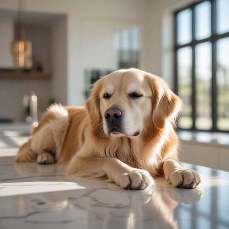 Cute Golden Retriever lying on the floor in the kitchenの素材