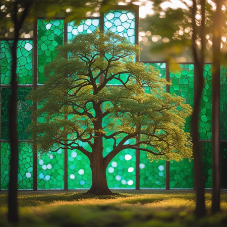Tree in front of a window with a green background. 3d renderingの素材