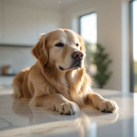 Golden Retriever dog lying on the floor in the living roomの素材