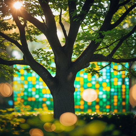 Tree in the park at sunset with sunbeams and lens flareの素材