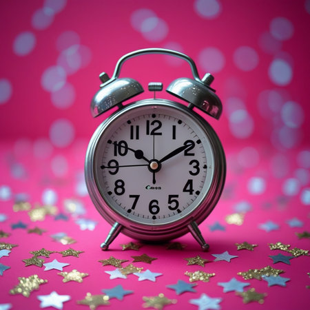 Retro alarm clock on a pink background with confetti and starsの素材
