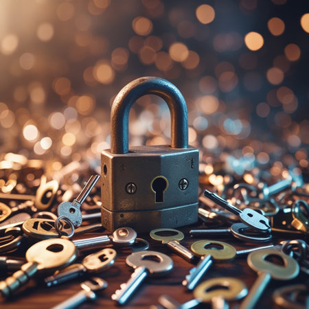 Padlock and keys on the background of a golden bokehの素材
