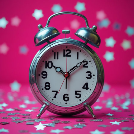 Retro alarm clock on a pink background with confetti stars.の素材